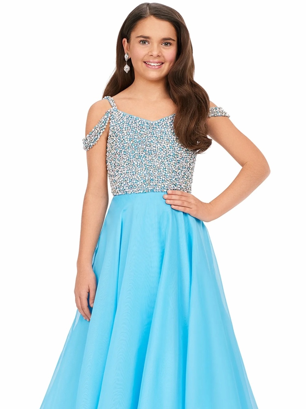 Sparkling Aqua Cold-Shoulder Formal Dress for Girls